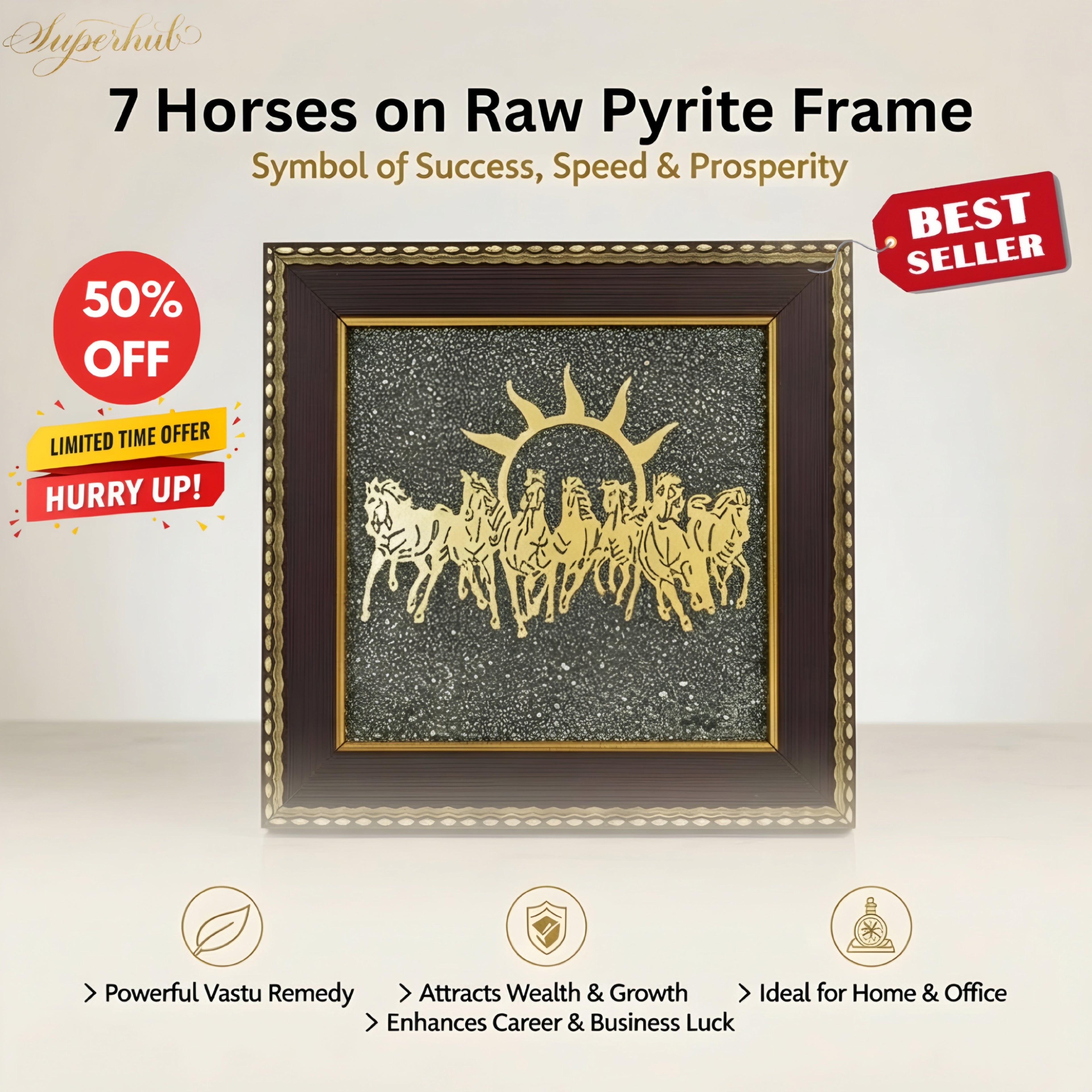 👑Seven Horses Wall Art on Natural Raw Pyrite Frame for Money 💰, Prosperity 🌱and Positive Energy🌟 – 7 Horses Pyrite Frame