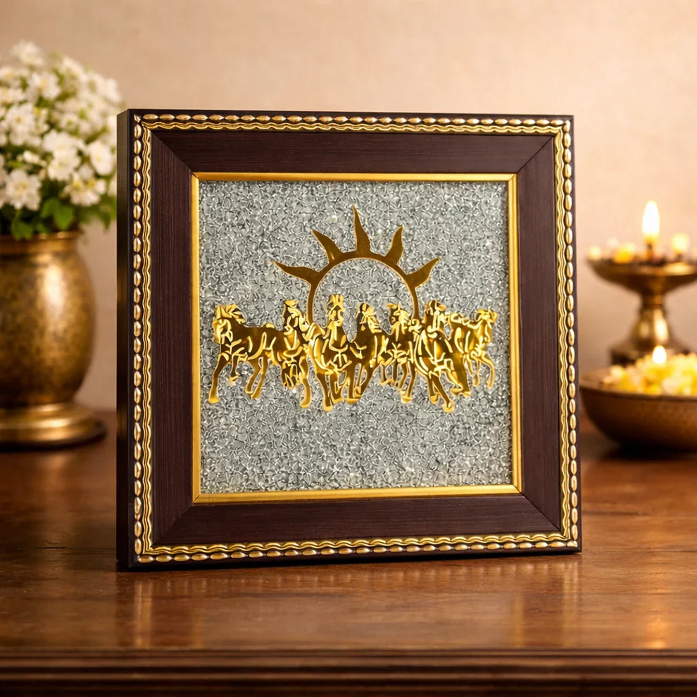 👑Seven Horses Wall Art on Natural Raw Pyrite Frame for Money 💰, Prosperity 🌱and Positive Energy🌟 – 7 Horses Pyrite Frame