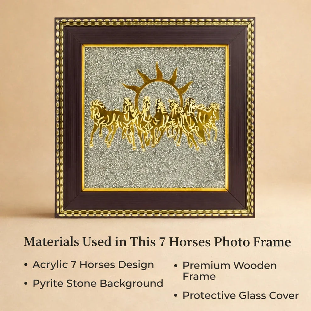👑Seven Horses Wall Art on Natural Raw Pyrite Frame for Money 💰, Prosperity 🌱and Positive Energy🌟 – 7 Horses Pyrite Frame