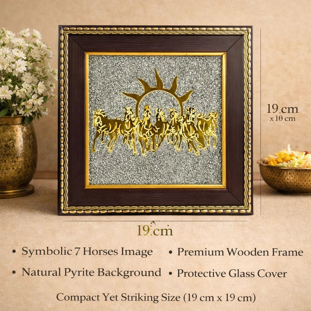 👑Seven Horses Wall Art on Natural Raw Pyrite Frame for Money 💰, Prosperity 🌱and Positive Energy🌟 – 7 Horses Pyrite Frame