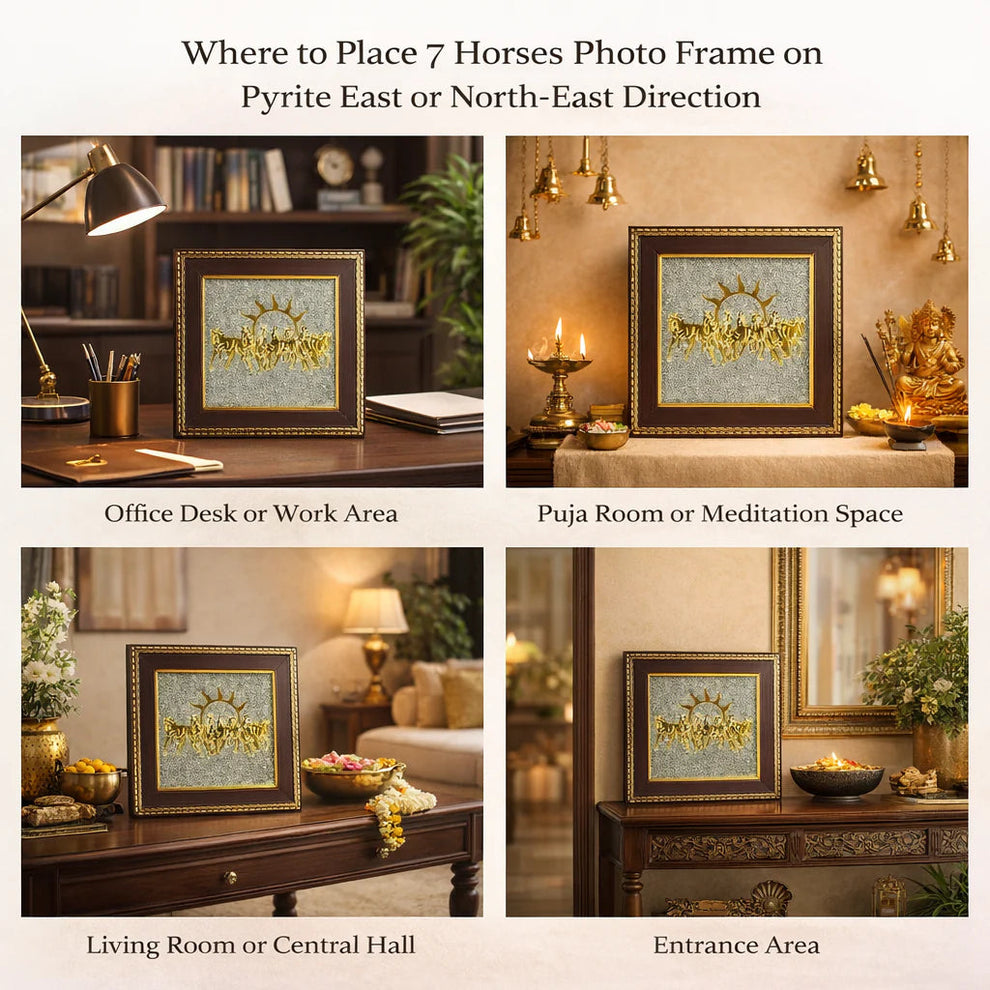 👑Seven Horses Wall Art on Natural Raw Pyrite Frame for Money 💰, Prosperity 🌱and Positive Energy🌟 – 7 Horses Pyrite Frame